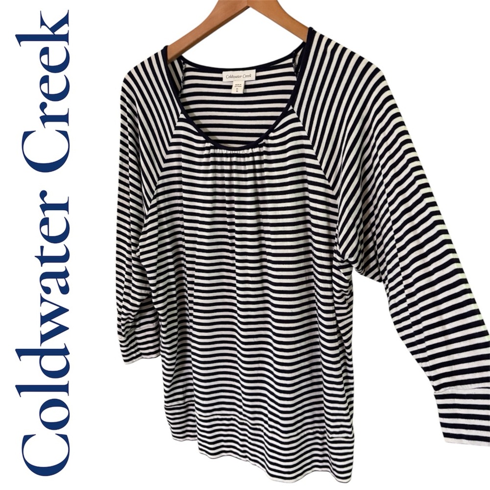 Coldwater Creek Navy/White Striped Soft Rayon Top. Banded bottom 3/4 sleeves XL